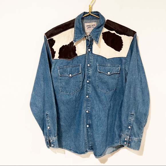 Vintage Other - Jensen Smith Cowboy Code Denim & Cow Hide Printed Pearl Button Top size Medium